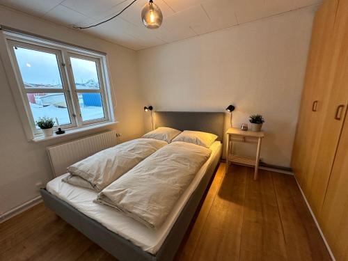 伊卢利萨特Det grønne hus med isbjergsudsigt的一间卧室配有一张带白色床单的床和一扇窗户。