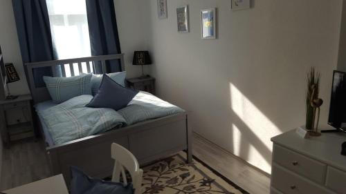 开姆尼茨Mimalou Apartment in Chemnitz的一间卧室配有一张带蓝色枕头的床。