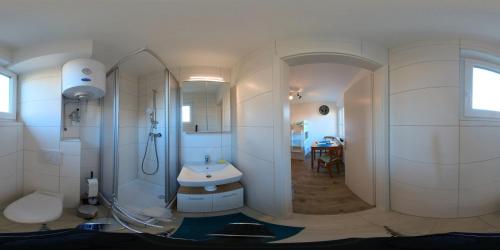 特劳恩Wohnungen Bachhaus的带淋浴、卫生间和盥洗盆的浴室
