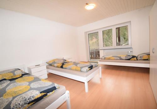 BuchenbergFerienunterkünfte maucher Immobilien的一间卧室设有两张床和两个窗户。