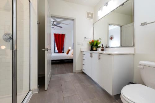 路易斯威尔Modern Nulu 2BR CozySuites Unit 03的一间带卫生间、水槽和镜子的浴室