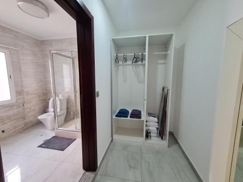 罗安达Lovely Guest House in Luanda的带淋浴和卫生间的白色浴室