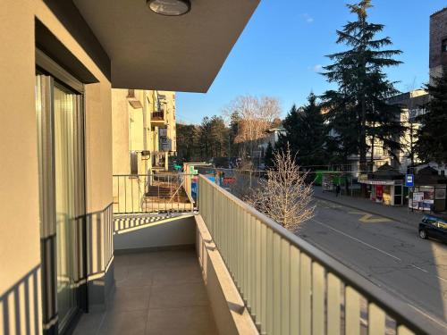 巴尼亚科维利亚查Vila Drina Apartments的享有街道景色的建筑阳台