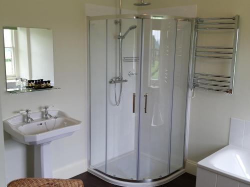 LeintwardineUpper Letton Farm的一间带玻璃淋浴和水槽的浴室