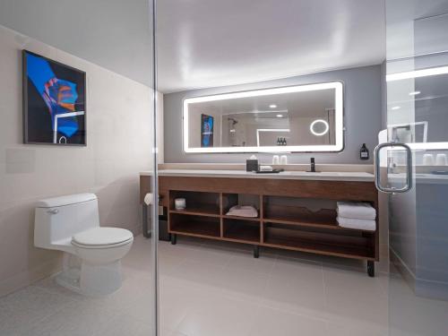 圣胡安Hilton Garden Inn San Juan Condado的一间带水槽、卫生间和镜子的浴室