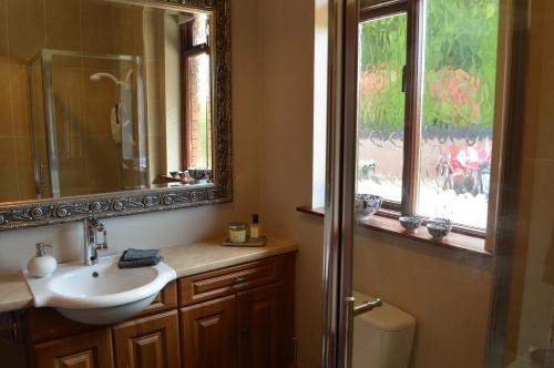 卡斯尔贝灵汉Ravenwood的一间带水槽和镜子的浴室以及窗户。