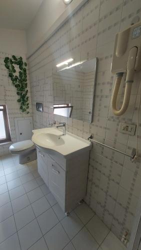 索威拉托玛里纳La Dimora dell'Ippocampo的一间带水槽、镜子和卫生间的浴室