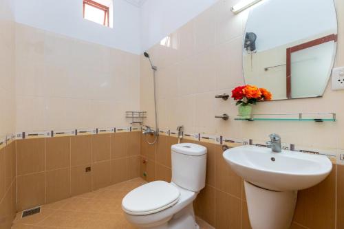 头顿Homestay Bảo Anh的一间带卫生间、水槽和镜子的浴室
