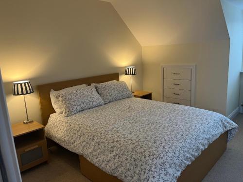 阿德莫尔Ardmore Village Family Home的一间卧室配有一张床和两张台灯。
