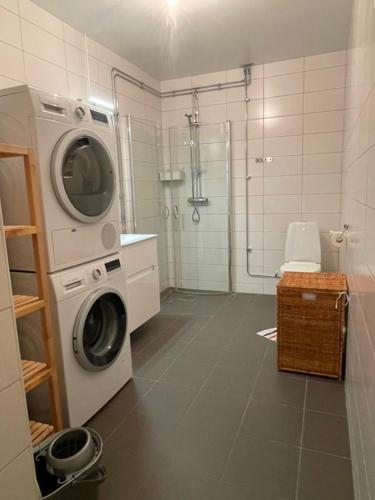 松兹瓦尔Rentalux Apartments at Nybrogatan的带淋浴的浴室内的洗衣机
