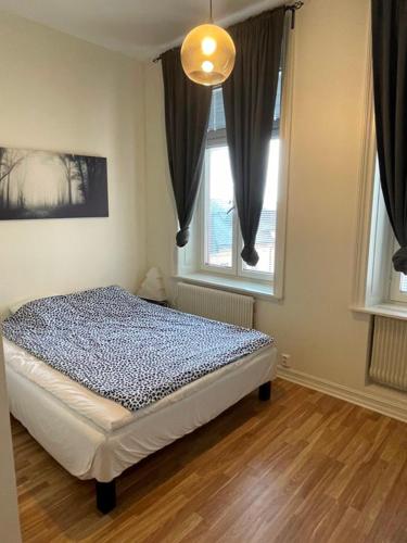 松兹瓦尔Rentalux Apartments at Nybrogatan的一间卧室设有一张床和两个窗户。