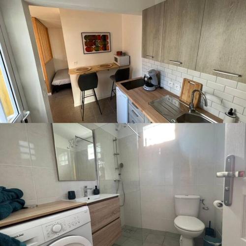 圣丹尼斯Le Pluméria - T1 avec un SPA privatif的带水槽和卫生间的厨房的两张图片