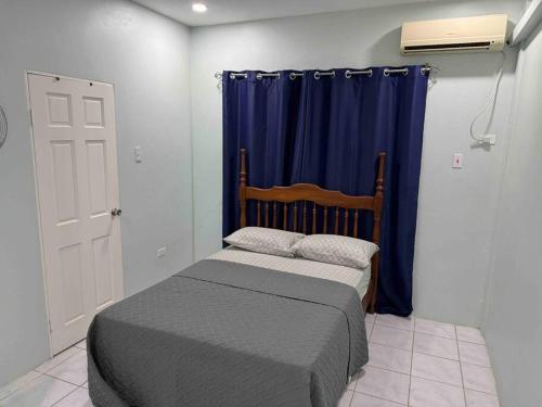 Diego MartinTownhouse in Diego Martin的一间卧室配有床和蓝色窗帘