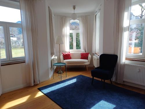 奥巴拉马高Landhaus Haser的客厅配有蓝色地毯、椅子和窗户
