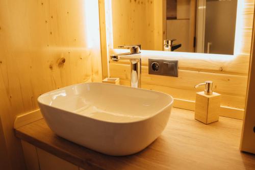 DriedorfUnwind Cabin Heisterberg的浴室内的一个白色碗水槽,配有镜子