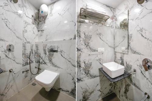 孟买Hotel Affari的浴室的两张照片,配有卫生间和水槽