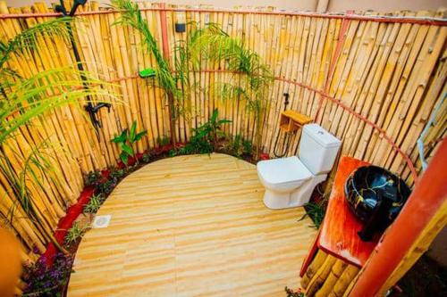 Boma la NgombeSafi House的浴室配有卫生间和墙上的植物