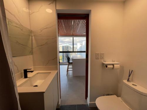 圣何塞Luxury apartment in San José的一间带水槽和卫生间的浴室以及窗户。