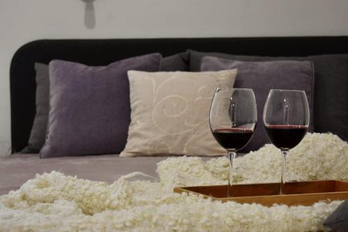 鲁巴达Apartmani Bire的沙发上托盘上放两杯红葡萄酒