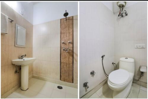 新德里Hotel Global Stay Near Delhi Airport的浴室的两张照片,配有卫生间和水槽