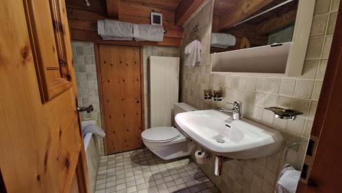 席尔瓦普拉纳Chesa Bellaval, Haus la Vuolp 2-Zimmer-Dachwohung的一间带卫生间和水槽的浴室