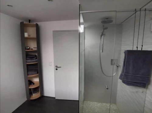 多恩比恩Komfortables Zimmer in ruhiger Wohnlage, inkl. Tax的带淋浴和蓝色毛巾的浴室