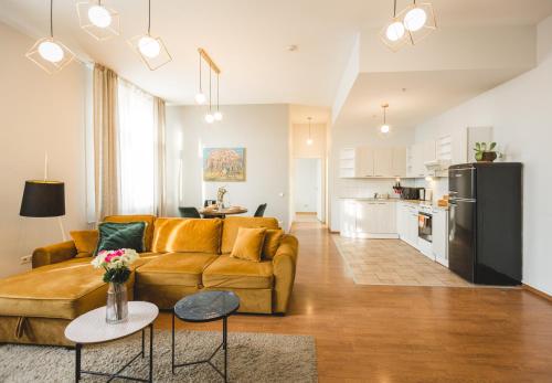 里加贝尔斯理市中心公寓的带沙发的客厅和厨房