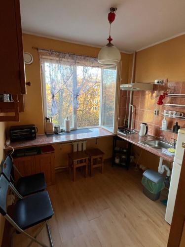 里加Comfy, well-located flat in Green Agenskalns的一个带柜台和大窗户的厨房