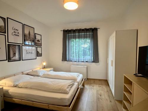 格拉茨sHome CityHouse Graz - Self-Check-in的一间卧室设有两张床、一台电视和一扇窗户。