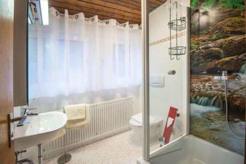 奥佩瑙布鲁姆旅馆的带淋浴、盥洗盆和卫生间的浴室