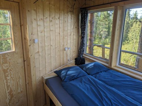 JerfojaurAurora Lodge的木间内的一张床位,设有两个窗户