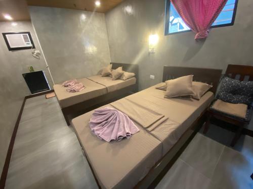 公主港Wilnags Inn Puerto Princesa near airport的带窗户的客房内设有两张单人床。