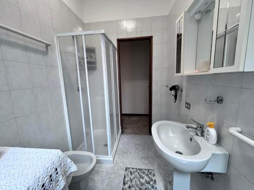 卡萨莱蒙费拉托Casa Piemont的带淋浴、盥洗盆和卫生间的浴室