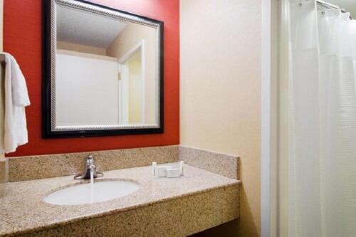 尔湾欧文约翰韦恩机场奥兰治县万怡酒店的一间带水槽和镜子的浴室