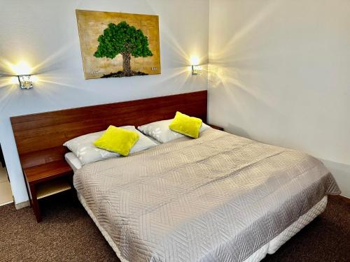 韦尔卡鲁穆尼卡Tatry PANORAMA apartmány Tatragolf B-F的一间卧室配有一张带两个黄色枕头的床