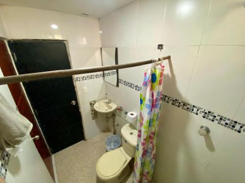 洛斯纳兰霍斯Hostal Cristal的一间带卫生间和水槽的小浴室