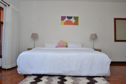 马普托Kutenga Guest House的卧室配有一张大白色的床和地毯