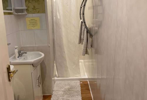托基Barramore Holiday Apartments的带淋浴和盥洗盆的浴室