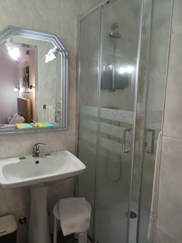 普拉亚达维多利亚布兰科I酒店的一间带水槽和玻璃淋浴的浴室
