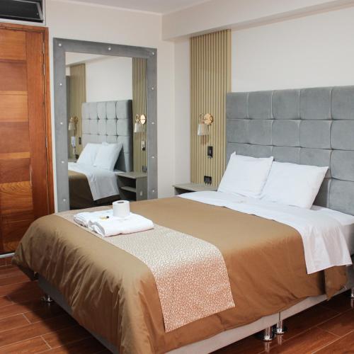 瓦努科Terra Premium Hotel的一间卧室配有一张大床和镜子