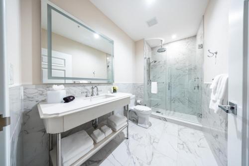 奥卡拉The Riding Academy Hotel的白色的浴室设有水槽和淋浴。