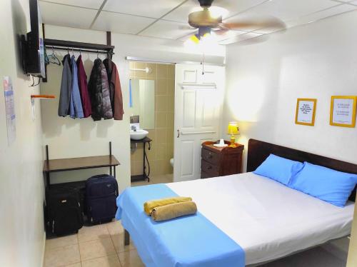 马那瓜Orison Hostels Managua的一间卧室配有一张带蓝色床单的床和吊扇。