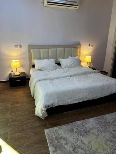 欧拉مبيت نسيم الجبل的一间卧室配有一张带两盏灯的大型白色床。