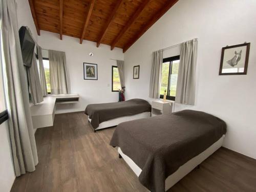 科尔多瓦Casa en Ascochinga B.° cerrado. Sierras de Córdoba的一间卧室设有两张床和两个窗户。