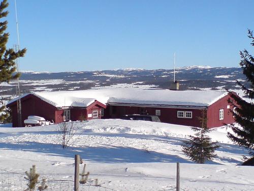 高尔Kontakten by Norgesbooking - large cabin for families and groups的上面有雪的红色谷仓