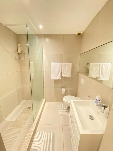 温特和克Windhoek Oliver perfect stays的带淋浴、盥洗盆和卫生间的浴室