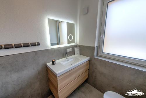 布劳恩拉格Auszeit im Harz Haus 3 Wohnung 6的一间带水槽和镜子的浴室
