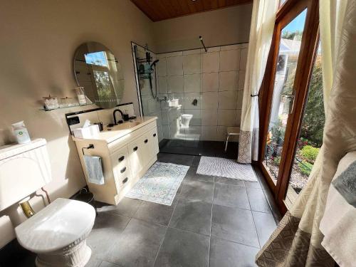 德文港Stony Rise Cottage B&B的一间带水槽、卫生间和淋浴的浴室