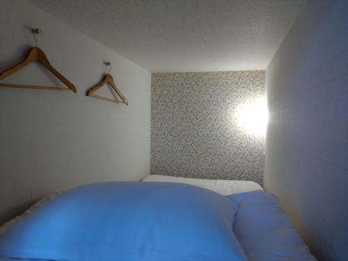 大阪Cafe&Hostel きみといちご的一间位于客房内的蓝色床卧室