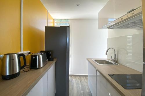 萨莱比梅Carpe Diem Spacieux élégant et confortable appartement idéal pour les séjours professionnels的厨房配有水槽和黑冰箱。
